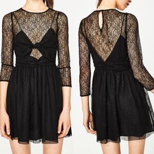 Zara Trafaluc Black Lace Long Sleeve with Black Lace Bowtie Mini Dress